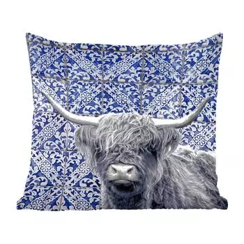 Декоративная подушка MuchoWow Диванная подушка Декоративная подушка для гостиной 60 x 60 см Шотландский горец - Делфтский синий - Черный - Белый - Чехол на подушку - Хлопчатобумажная ткань - Декоративные наволочки
