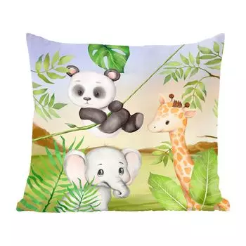 Декоративная подушка MuchoWow, диванная подушка, декоративная подушка для гостиной, 60 х 60 см, джунгли, листья, животные, зеленый, чехол на подушку, хлопчатобумажная ткань, декоративные чехлы на подушки