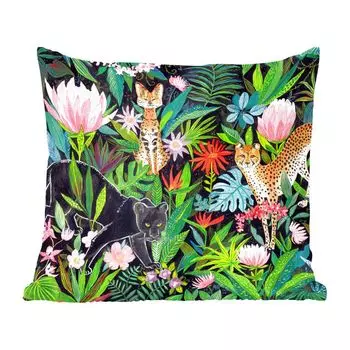Декоративная подушка MuchoWow Диванная подушка Декоративная подушка для гостиной 60 x 60 см Джунгли - Животные - Листья - Цветы - Чехол на подушку - Хлопчатобумажная ткань - Декоративные наволочки