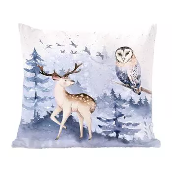 Декоративная подушка MuchoWow, диванная подушка, декоративная подушка для гостиной, 60 х 60 см, зима - олень - сова - чехол на подушку - хлопчатобумажная ткань - декоративные наволочки