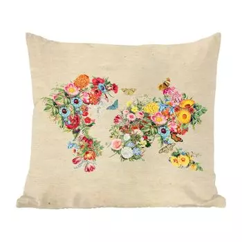 Декоративная подушка MuchoWow Диванная подушка Декоративная подушка для гостиной 60 x 60 см Карта мира - Цветы - Бабочка - Коричневая бумага - Чехол на подушку - Хлопчатобумажная ткань - Декоративные наволочки