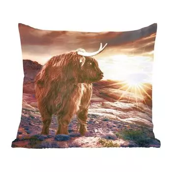 Декоративная подушка MuchoWow, диванная подушка, декоративная подушка для гостиной, 60 х 60 см, корова - шотландский горец - камни - чехол на подушку - хлопчатобумажная ткань - декоративные наволочки