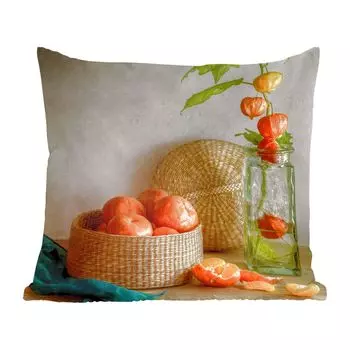 Декоративная подушка MuchoWow, диванная подушка, декоративная подушка для гостиной, 60 х 60 см, мандарин - натюрморт - ваза - чехол на подушку - хлопчатобумажная ткань - декоративные наволочки