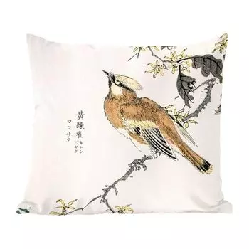 Декоративная подушка MuchoWow, диванная подушка, декоративная подушка для гостиной, 60 х 60 см, птица, ветка, иероглифы, японский язык, чехол на подушку, хлопчатобумажная ткань, декоративные чехлы на подушки