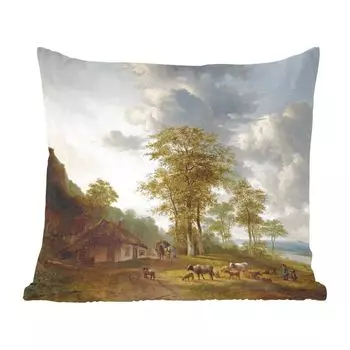Декоративная подушка MuchoWow, диванная подушка, декоративная подушка для гостиной, 60 х 60 см, речной пейзаж с фермерами и скотом - картина Г.Дж.Дж. Ван Оса - чехол на подушку - хлопчатобумажная ткань - декоративные чехлы на подушки