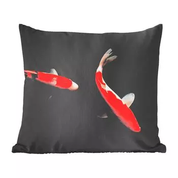 Декоративная подушка MuchoWow, диванная подушка, декоративная подушка для гостиной, 60 х 60 см, два разноцветных карпа кои на черном фоне - чехол на подушку - хлопчатобумажная ткань - декоративные чехлы на подушки