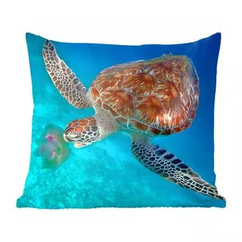 Декоративная подушка MuchoWow, диванная подушка, декоративная подушка для гостиной, 60 х 60 см, зеленая черепаха с медузой - чехол на подушку - хлопчатобумажная ткань - декоративные наволочки