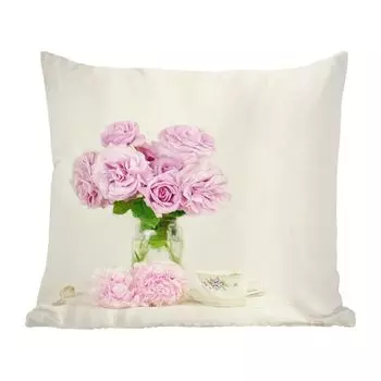 Декоративная подушка MuchoWow, диванная подушка, декоративная подушка для гостиной, 60 х 60 см, букет розовых пионов на чашке чая - чехол на подушку - хлопчатобумажная ткань - декоративные наволочки