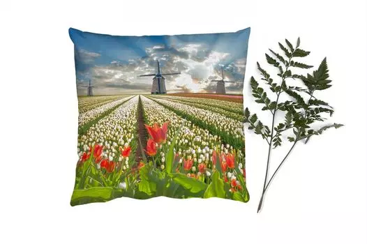 Декоративная подушка MuchoWow Диванная подушка Декоративная подушка для гостиной 60 x 60 см Ветряная мельница - Тюльпаны - Небо - Природа - Наволочка - Хлопчатобумажная ткань - Декоративные наволочки