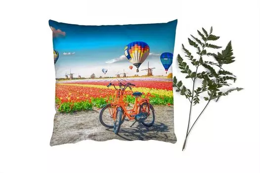 Декоративная подушка MuchoWow Диванная подушка Декоративная подушка для гостиной 60 x 60 см Воздушный шар - Оранжевый - Тюльпаны - Чехол на подушку - Хлопчатобумажная ткань - Декоративные наволочки