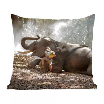 Декоративная подушка MuchoWow, диванная подушка, декоративная подушка для гостиной, 60 х 60 см, слон с читающим ребенком - чехол на подушку - хлопчатобумажная ткань - декоративные наволочки