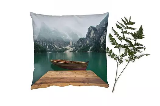 Декоративная подушка MuchoWow Диванная подушка Декоративная подушка для гостиной 60 x 60 см Туман - Снег - Гора - Лодка - Чехол на подушку - Хлопчатобумажная ткань - Декоративные наволочки