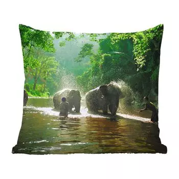 Декоративная подушка MuchoWow, диванная подушка, декоративная подушка для гостиной, 60 х 60 см, слоны со своими дрессировщиками в реке - чехол на подушку - хлопчатобумажная ткань - декоративные наволочки