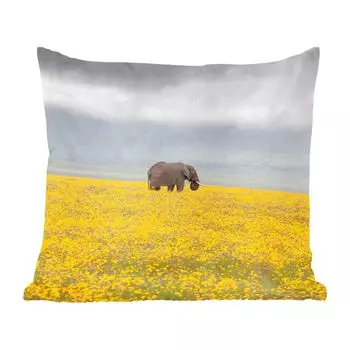 Декоративная подушка MuchoWow, диванная подушка, декоративная подушка для гостиной, 60 х 60 см, слон в желтом цветочном поле - чехол на подушку - хлопчатобумажная ткань - декоративные наволочки
