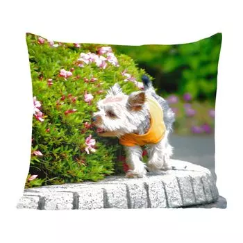 Декоративная подушка MuchoWow Диванная подушка Декоративная подушка для гостиной 60 x 60 см Йоркширский терьер бежит мимо ярких цветов - Чехол на подушку - Хлопчатобумажная ткань - Декоративные наволочки