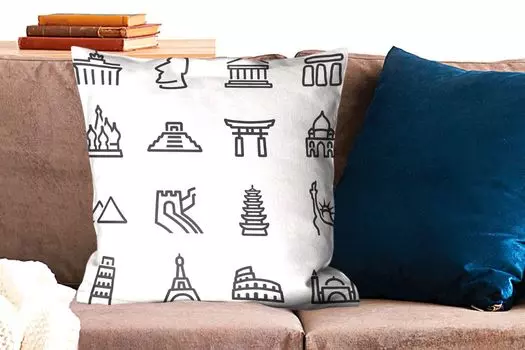 Декоративная подушка MuchoWow, диванная подушка, декоративная подушка для гостиной, 60 х 60 см, черно-белая иллюстрация различных достопримечательностей - чехол на подушку - хлопчатобумажная ткань - декоративные чехлы на подушки