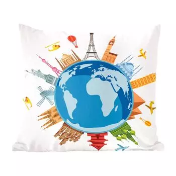 Декоративная подушка MuchoWow, диванная подушка, декоративная подушка для гостиной, 60 х 60 см, красочная иллюстрация достопримечательностей планеты - чехол на подушку - хлопчатобумажная ткань - декоративные наволочки