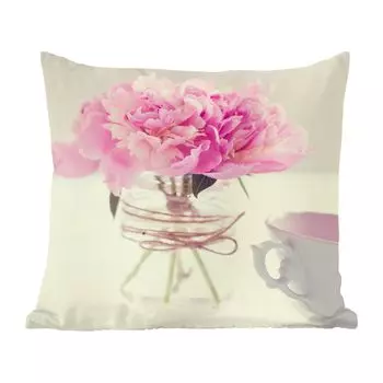 Декоративная подушка MuchoWow, диванная подушка, декоративная подушка для гостиной, 60 х 60 см, розовый пион рядом с чашкой чая - чехол на подушку - хлопчатобумажная ткань - декоративные чехлы на подушки