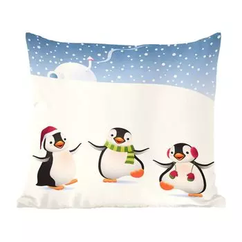 Декоративная подушка MuchoWow, диванная подушка, декоративная подушка для гостиной, 60 х 60 см, иллюстрация с тремя танцующими в снегу пингвинами - чехол на подушку - хлопчатобумажная ткань - декоративные наволочки