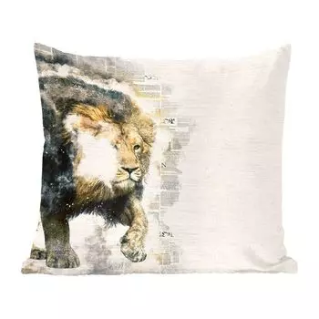 Декоративная подушка MuchoWow Диванная подушка Декоративная подушка для гостиной 60 x 60 см Лев - Газета - Цвета - Наволочка - Хлопчатобумажная ткань - Декоративные наволочки, мультиколор