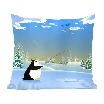 Декоративная подушка MuchoWow, диванная подушка, декоративная подушка для гостиной, 60 х 60 см, иллюстрация пингвина-рыболова - чехол на подушку - хлопчатобумажная ткань - декоративные наволочки