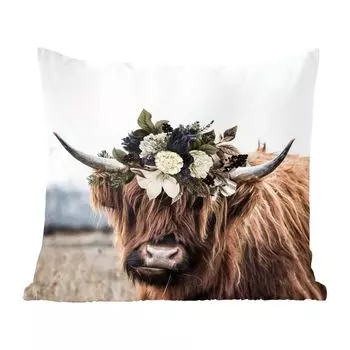 Декоративная подушка MuchoWow, диванная подушка, декоративная подушка для гостиной, 60 х 60 см, шотландский горец - листья - чехол на подушку - хлопчатобумажная ткань - декоративные наволочки