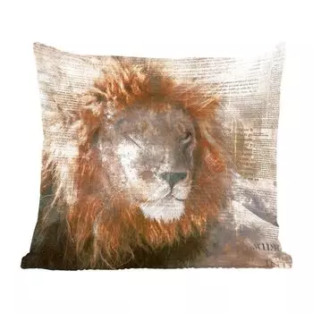Декоративная подушка MuchoWow Диванная подушка Декоративная подушка для гостиной 60 x 60 см Лев - Газета - Цвета - Наволочка - Хлопчатобумажная ткань - Декоративные наволочки, мультиколор