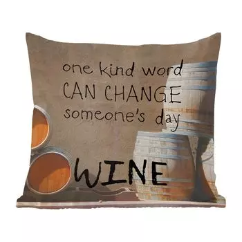 Декоративная подушка MuchoWow, диванная подушка, декоративная подушка для гостиной, 60 x 60 см, винная цитата «доброе слово может изменить чей-то день ВИНО» на фоне винных бочек - чехол на подушку - хлопковая ткань - декоративные наволочки