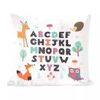Декоративная подушка MuchoWow, диванная подушка, декоративная подушка для гостиной, 60 x 60 см, иллюстрированный алфавит со счастливыми лесными животными - чехол на подушку - хлопчатобумажная ткань - декоративные наволочки