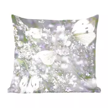 Декоративная подушка MuchoWow, диванная подушка, декоративная подушка для гостиной, 60 х 60 см, бабочки капустной белянки на лаванде - чехол на подушку - хлопчатобумажная ткань - декоративные наволочки, мультиколор