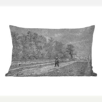 Декоративная подушка MuchoWow, диванная подушка, декоративная подушка для гостиной, 50 х 30 см, окраина Парижа; Улица с фермером с лопатой - Винсент Ван Гог - Черный - Белый - Чехлы на диванные подушки - без наполнителя