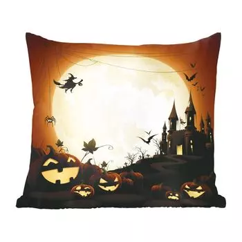 Декоративная подушка MuchoWow, диванная подушка, декоративная подушка для гостиной, 60 х 60 см, иллюстрация замка с ведьмами и тыквами на Хэллоуин - чехол на подушку - хлопчатобумажная ткань - декоративные наволочки