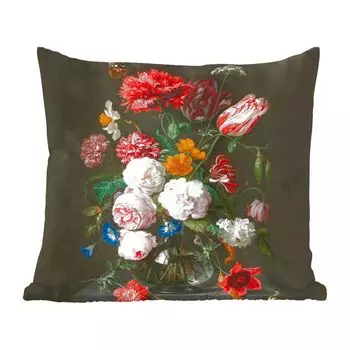 Декоративная подушка MuchoWow, диванная подушка, декоративная подушка для гостиной, 50 х 50 см, натюрморт с цветами в стеклянной вазе - картина Яна Давидса. de Heem - Наволочки - Декорации - спальня, мультиколор