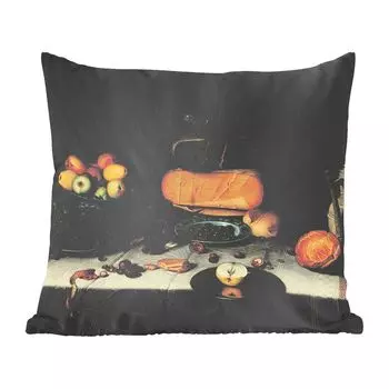 Декоративная подушка MuchoWow, диванная подушка, декоративная подушка для гостиной, 45 х 45 см, натюрморт с сыром - картина Флориса Класа. van Dijck - чехлы на подушки - чехлы для декоративных подушек - чехлы для декоративных подушек