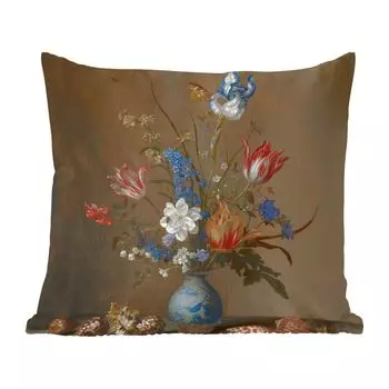 Декоративная подушка MuchoWow, диванная подушка, декоративная подушка для гостиной, 60 х 60 см, цветы в вазе Ван-Ли и ракушки - картина Бальтазара ван дер Аста - чехол на подушку - хлопчатобумажная ткань - декоративные чехлы на подушки