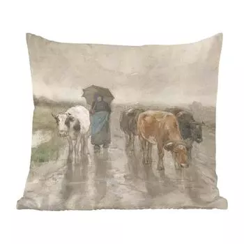 Декоративная подушка MuchoWow диванная подушка для гостиной декоративная подушка 60х60 см Жена фермера с коровами на проселочной дороге под дождем - картина Антона Мауве - чехол на подушку - хлопчатобумажная ткань - декоративные наволочки