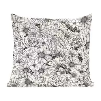 Декоративная подушка MuchoWow, диванная подушка для гостиной, декоративная подушка 40х40 см. Черно-белая цветочная иллюстрация - чехлы на диванные подушки - без наполнителя