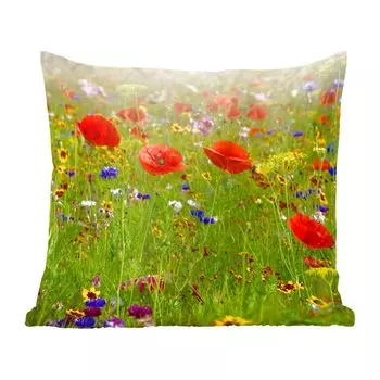 Декоративная подушка MuchoWow диванная подушка для гостиной декоративная подушка 60 x 60 см весна - цветы - красный - мак - трава - зеленый - чехол на подушку - хлопчатобумажная ткань - декоративные наволочки