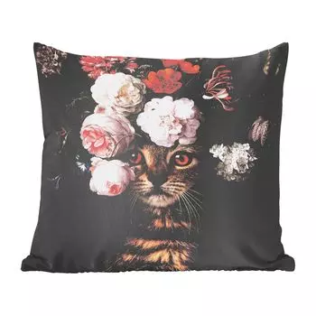 Декоративная подушка MuchoWow диванная подушка для гостиной декоративная подушка 60 x 60 см кот - цветы - домашнее животное - чехол на подушку - хлопчатобумажная ткань - декоративные чехлы на подушки
