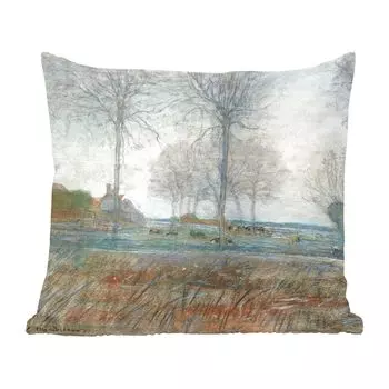 Декоративная подушка MuchoWow, диванная подушка для гостиной, декоративная подушка 60x60 см, фермерский дом с тремя высокими деревьями на переднем плане - Пит Мондриан - чехол на подушку - хлопчатобумажная ткань - декоративные чехлы на подушки