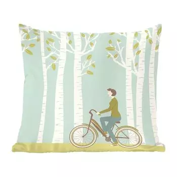 Декоративная подушка MuchoWow диванная подушка для гостиной декоративная подушка 40х40 см Иллюстрация женщины, едущей на велосипеде перед березовой рощей - чехлы на диванные подушки - без наполнителя