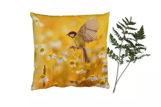 Декоративная подушка MuchoWow диванная подушка для гостиной декоративная подушка 60 x 60 см птица - большая синица - цветы - ромашки - чехол на подушку - хлопчатобумажная ткань - декоративные наволочки