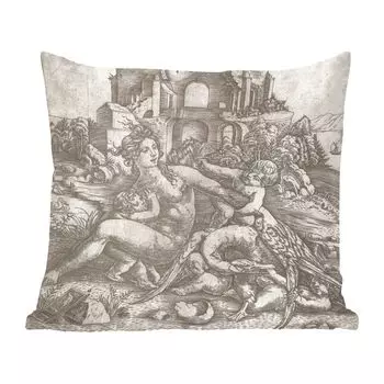 Декоративная подушка MuchoWow диванная подушка для гостиной декоративная подушка 60х60 см Леда и лебедь с четырьмя детьми - картина Мастера ИБ с птицей - чехол на подушку - хлопчатобумажная ткань - декоративные наволочки, мультиколор