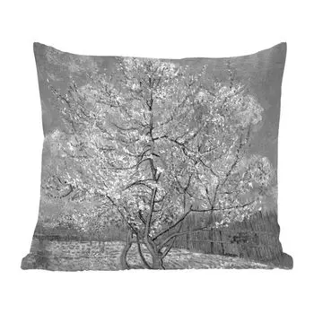 Декоративная подушка MuchoWow, подушка для дивана, декоративная подушка для гостиной, 60 х 60 см, цветущее персиковое дерево - Винсент Ван Гог - черно-белый - чехол на подушку - хлопчатобумажная ткань - декоративные наволочки
