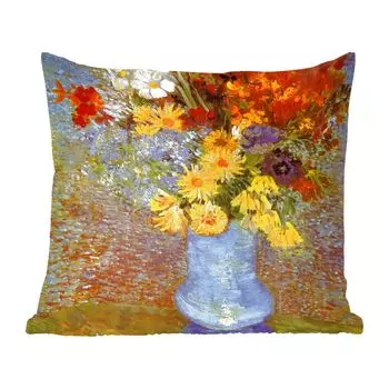 Декоративная подушка MuchoWow, подушка для дивана, декоративная подушка для гостиной, 60 х 60 см, ваза с ромашками и анемонами - Винсент Ван Гог - чехол на подушку - хлопчатобумажная ткань - декоративные наволочки