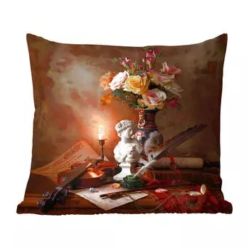 Декоративная подушка MuchoWow, подушка для дивана, декоративная подушка для гостиной, 60 х 60 см, скрипка - статуя - натюрморт - чехол на подушку - хлопчатобумажная ткань - декоративные чехлы на подушки
