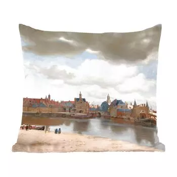 Декоративная подушка MuchoWow, подушка для дивана, декоративная подушка для гостиной, 60 х 60 см, вид на Делфт - картина Йоханнеса Вермеера - чехол на подушку - хлопчатобумажная ткань - декоративные чехлы на подушки, мультиколор