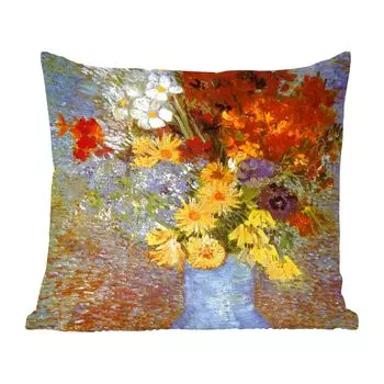 Декоративная подушка MuchoWow, подушка для дивана, декоративная подушка для гостиной, 50 х 50 см, ваза с ромашками и анемонами - картина Винсента Ван Гога - чехлы на подушки - украшение - спальня