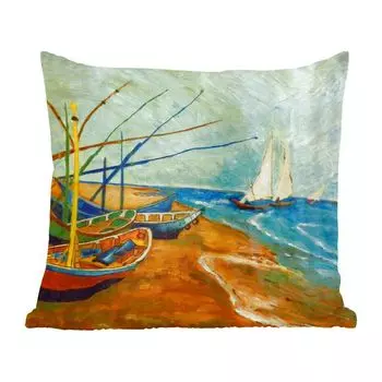 Декоративная подушка MuchoWow, подушка для дивана, декоративная подушка для гостиной, 60 х 60 см, рыбацкие лодки на пляже - картина Винсента Ван Гога - чехол на подушку - хлопчатобумажная ткань - декоративные наволочки