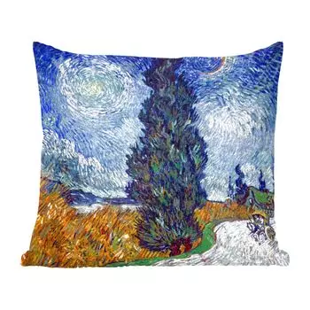 Декоративная подушка MuchoWow, подушка для дивана, декоративная подушка для гостиной, 60 х 60 см, улица с кипарисом и звездой - картина Винсента Ван Гога - чехол на подушку - хлопчатобумажная ткань - декоративные наволочки